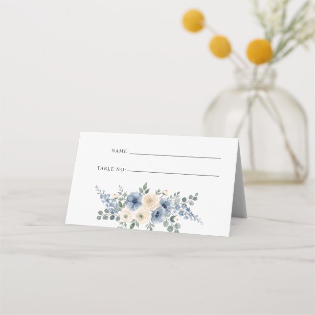 Dammig blå elfenbensros modern blomsterbröllop placeringskort (Framsida)