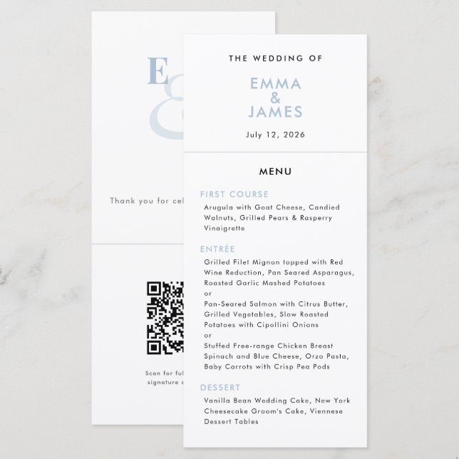 Dammig blå et-tecken bröllop | QR-kod | Elegant Meny (Fram/baksida)
