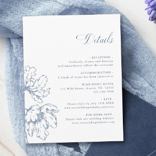 Dammig blå fransk blomsterbröllopsdetaljer tilläggskort