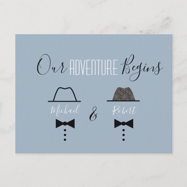 Dammig blå gay bröllops klara datum meddelande vykort (Framsida)