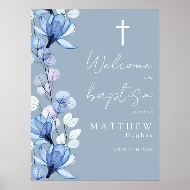 Dammig blå genomskinlig blomsterdop välkomstskylt poster (Framsidan)