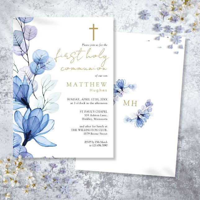 Dammig blå genomskinlig blomsterelement Första hel Inbjudningar (Dusty Blue Transparent Floral First Holy Communion Invitation)