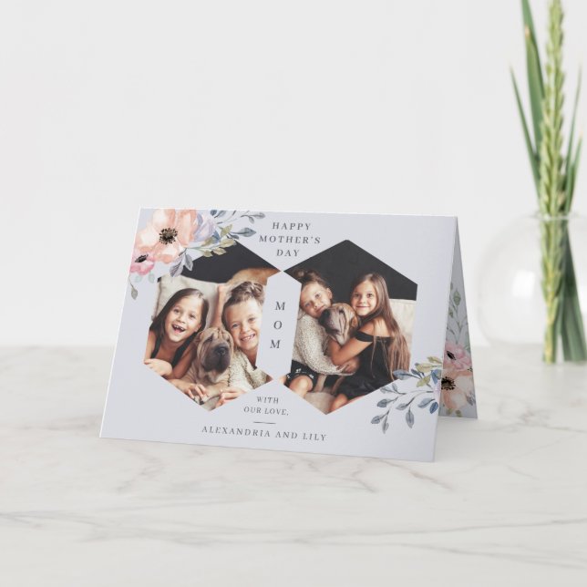 Dammig blå geometrisk blommig | Foto Mors dag Kort (Framsida)