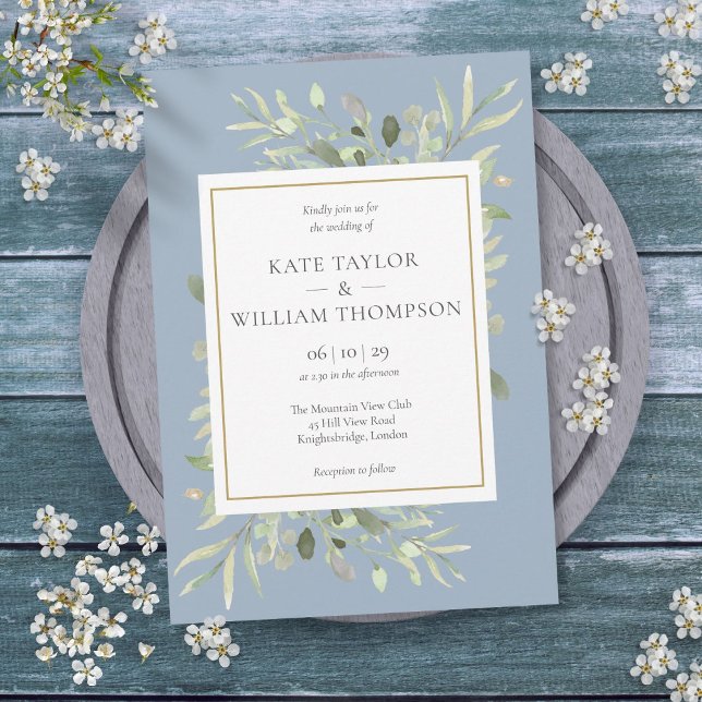 Dammig blå grönska bladverk blommande bröllop inbjudningar (Dusty Blue Greenery Foliage Floral Wedding Invitation)