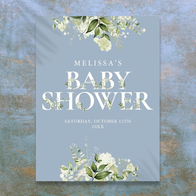 Dammig blå grönska Blommig baby shower-skylt Poster (Dusty Blue Greenery Floral Baby Shower Sign)