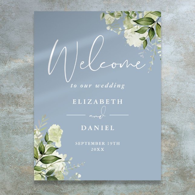 Dammig blå grönska blommig vigsel välkomstskylt poster (Dusty Blue Greenery Floral Wedding Welcome Sign)