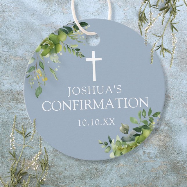 Dammig blå grönska blomsterbekräftelse gåvor etiketter (Dusty Blue Greenery Floral Confirmation Favor Tags)