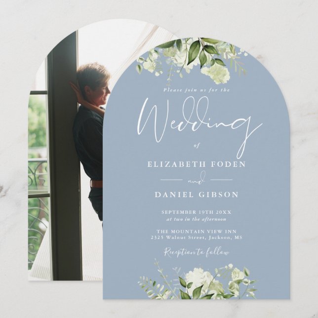 Dammig blå grönska blomsterfotografi bröllopsbåge inbjudningar (Fram/baksida)