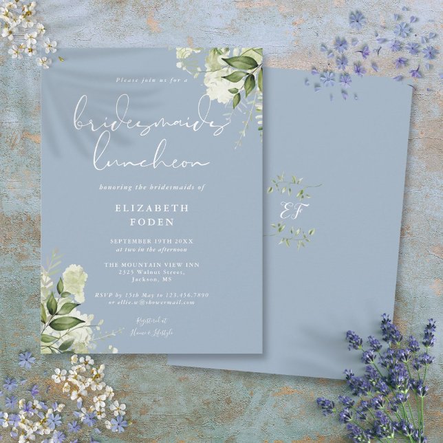 Dammig blå grönska brudtärnornas lunch inbjudningar (Dusty Blue Greenery Bridesmaids Luncheon Invitation)