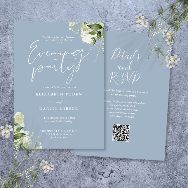Dammig blå grönska QR-kod bröllopsfest på kvällen Inbjudningar (Dusty Blue Greenery QR Code Wedding Evening Party Invitation)