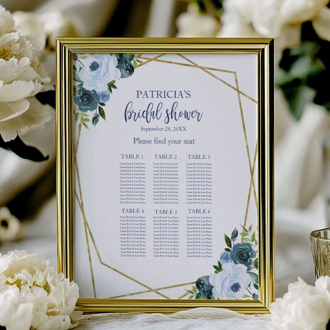 Dammig blå guld blommig bröllopsdusch sittplatssch poster (Skapare uppladdad)