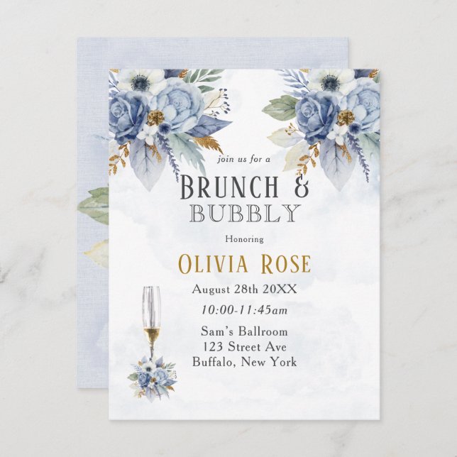 Dammig blå guld peony chic brunch & bubbel inbjuda inbjudningar (Fram/baksida)