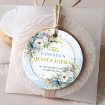 Dammig blå guldtiara Quinceañera presentetikett