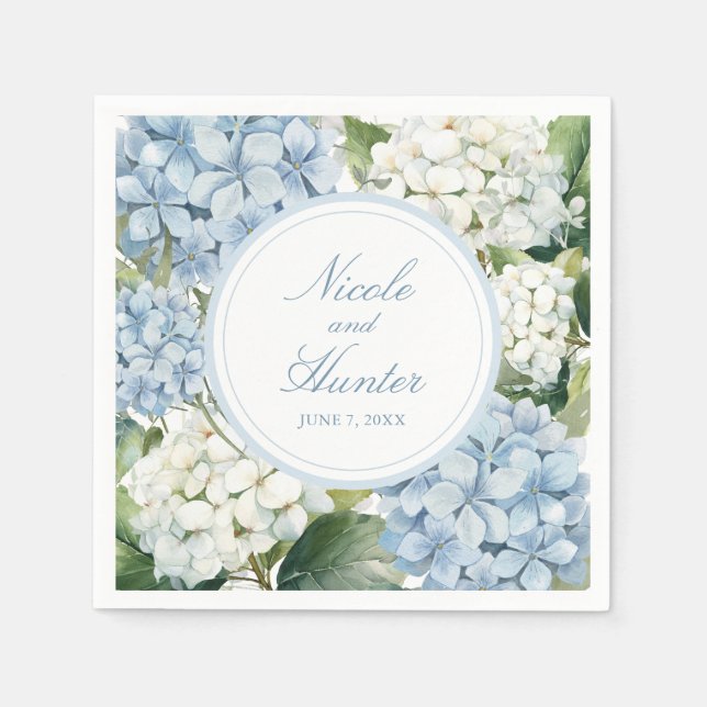 Dammig blå hortensia blommande bröllop pappersservett (Framsidan)