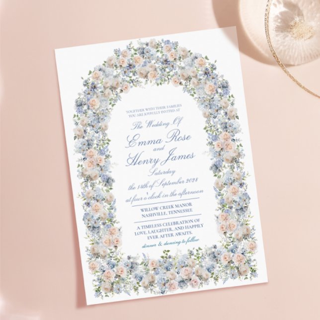 Dammig blå hortensia blomsterbåge bröllop inbjudningar (Dusty Blue Hydrangea Floral Arch Wedding Invitation)
