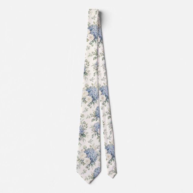 Dammig blå hortensia krämvit ros blomster slips (Framsida)
