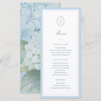 Dammig blå hortensia monogram bröllopsplatt meny