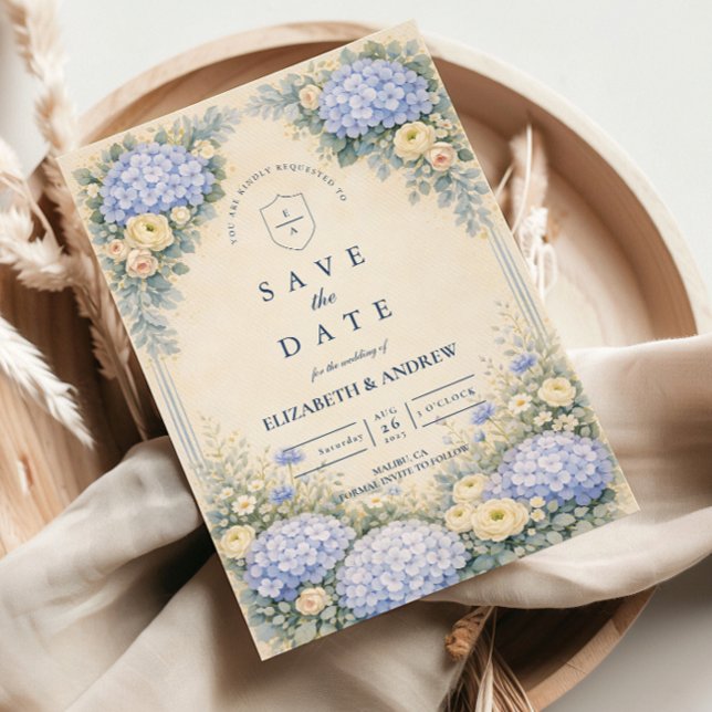 Dammig blå hortensia trädgård bröllop spara datumet (Skapare uppladdad)