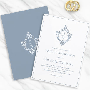 Dammig blå kam monogram formell elegant bröllop inbjudningar
