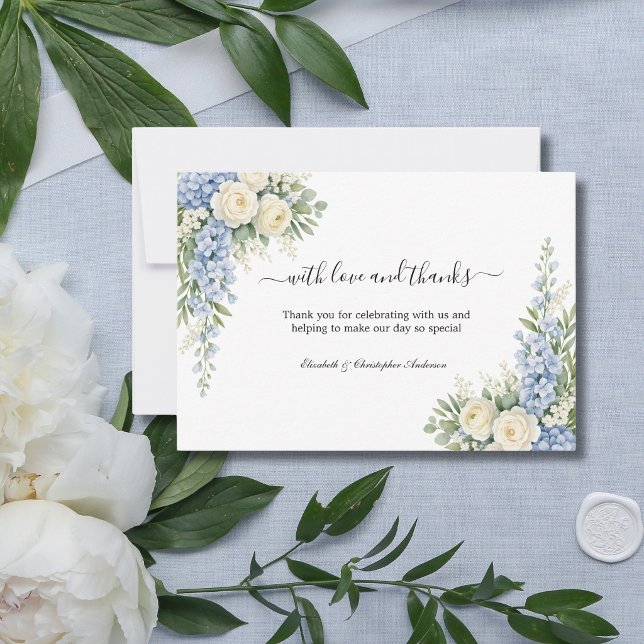 Dammig blå kräm blommande grönska bröllop tack kort (Dusty Blue, cream and white watercolor florals wedding thank you cards. Personalized)