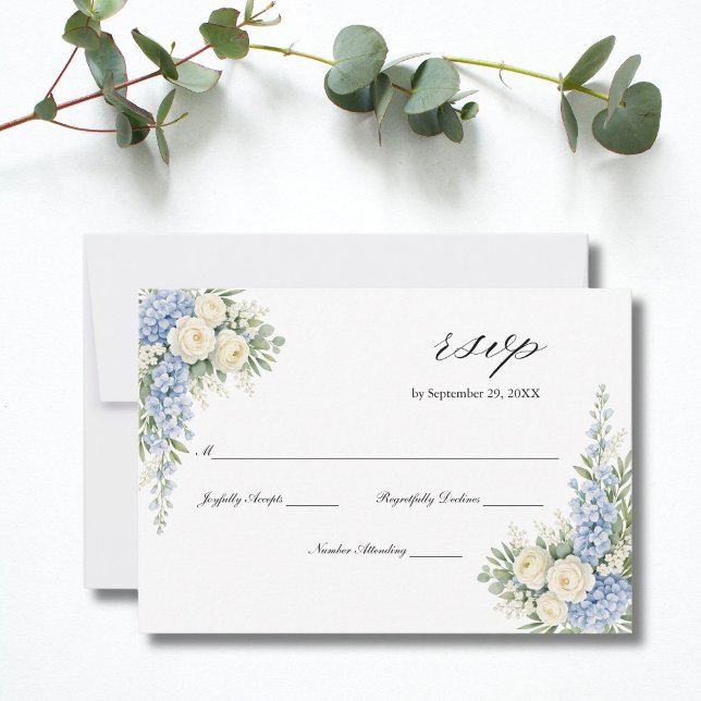 Dammig blå kräm vattenfärg blommor rosor bröllop  OSA kort (Dusty Blue, white and cream watercolor florals elegant traditional wedding RSVP card)