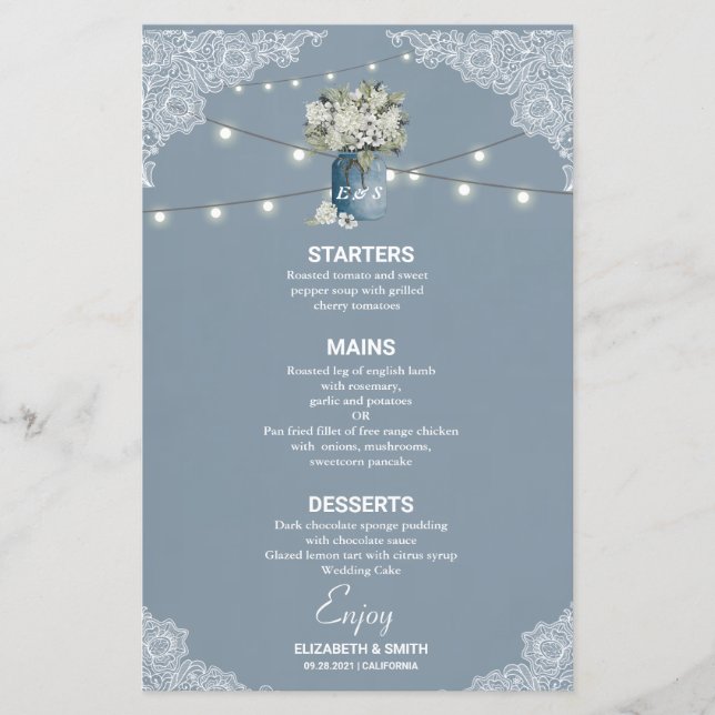 Dammig blå landsbygd kombinerad vit spets bröllop (Framsida)