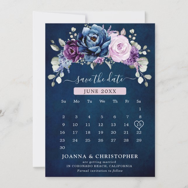 Dammig blå lila marin lila blommar kalender spara datumet (Framsida)