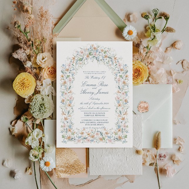 Dammig blå lily floral båge vårbröllop inbjudningar (Dusty Blue Lily Floral Arch Spring Wedding Invitation)