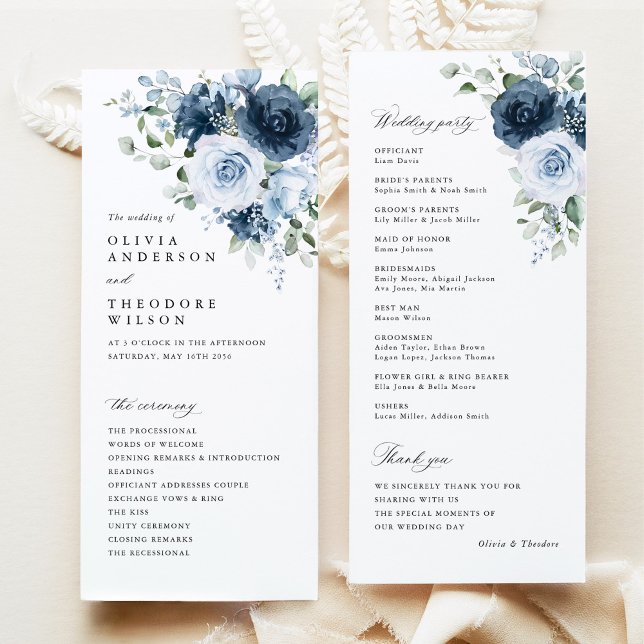 Dammig blå marin blomster vattenfärg vigselceremon program (Dusty blue navy floral wedding program set, watercolor bouquet, elegant fine art stationery)
