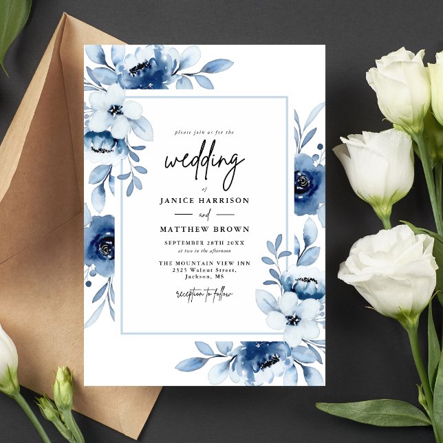 Dammig Blå Marin Champagne Elfenben Blommig Bröllo Inbjudningar (Dusty blue navy floral wedding invitation sets a refined tone and beautifully announces your day)