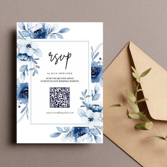 Dammig blå marin champagne elfenben blommig bröllo OSA kort (Dusty blue navy floral RSVP card makes guest replies easy while adding elegant wedding charm)