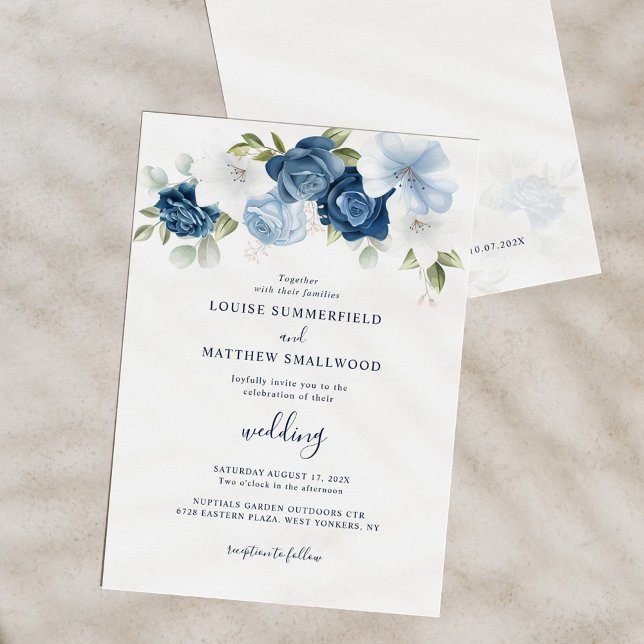 Dammig Blå Marinblå Blommig Bröllop Inbjudningar (Dusty Blue Floral Script Modern Wedding Invitation)
