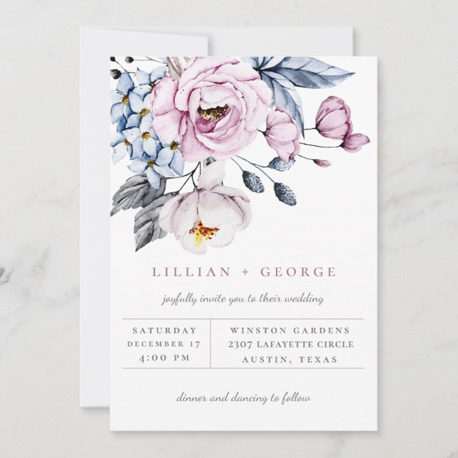Dammig blå-mauve blomsterbukett bröllopsinbjudan meddelande (Framsida)