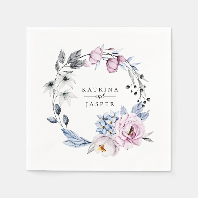 Dammig blå mauve blomsterkrans pappersservett (Framsidan)