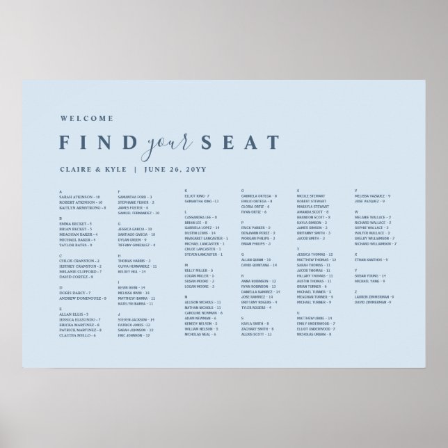 Dammig blå minimal alfabetisk sittplatskarta poster (Framsidan)