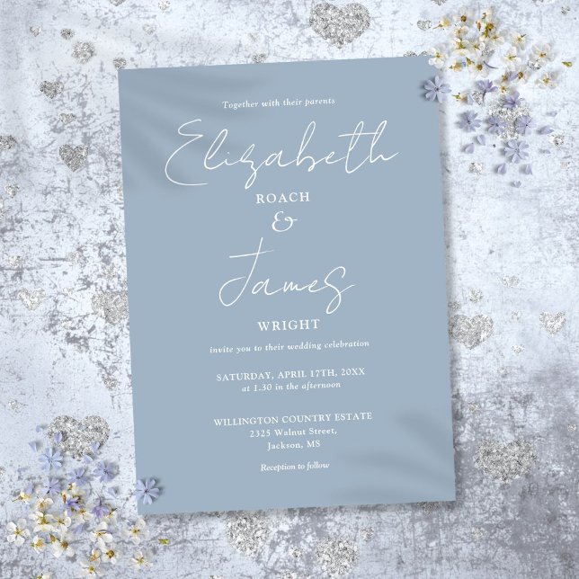 Dammig blå minimalistisk elegant script bröllop inbjudningar (Dusty Blue Minimalist Elegant Script Wedding Invitation)