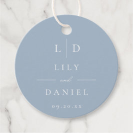 Dammig blå minimalistisk monogram bröllop gåvor etiketter