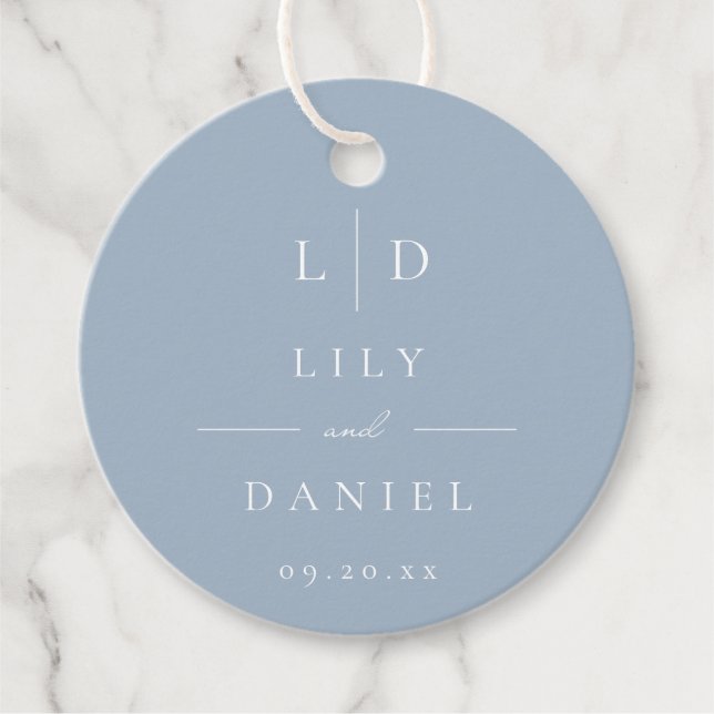 Dammig blå minimalistisk monogram bröllop gåvor etiketter (Framsida)