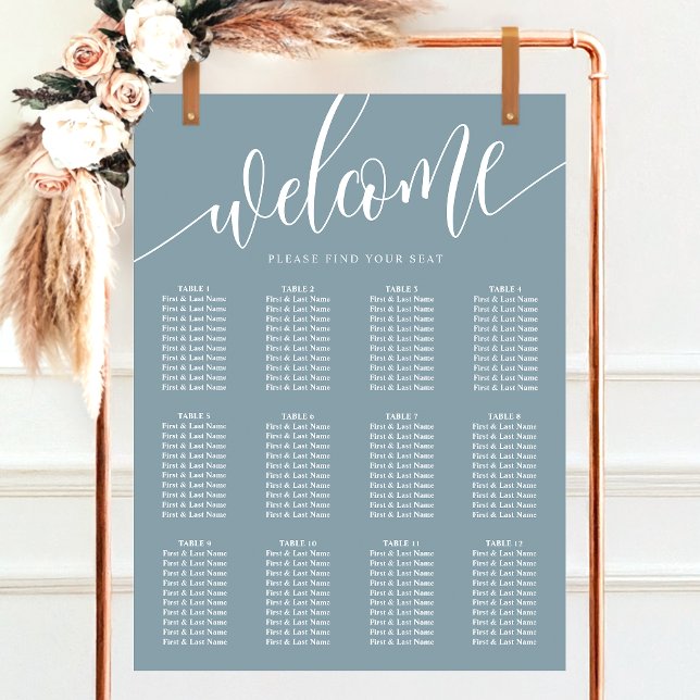 Dammig blå minimalistisk sittplatskarta för bröllo poster (Skapare uppladdad)