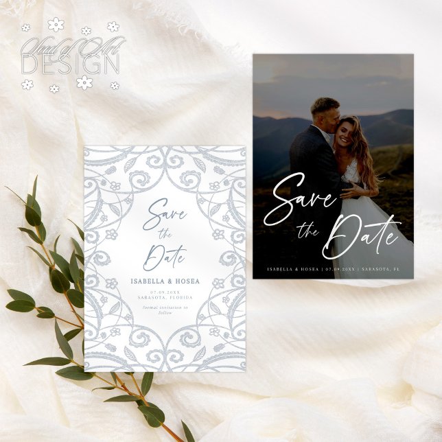 Dammig blå mjuk silver blomster- spets bröllopsfot spara datumet (Skapare uppladdad)