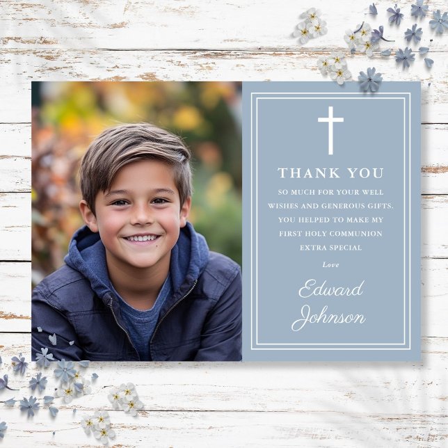 Dammig blå modern foto Första heliga kommunion Tack Kort (Dusty Blue Modern Photo First Holy Communion Thank You Card)