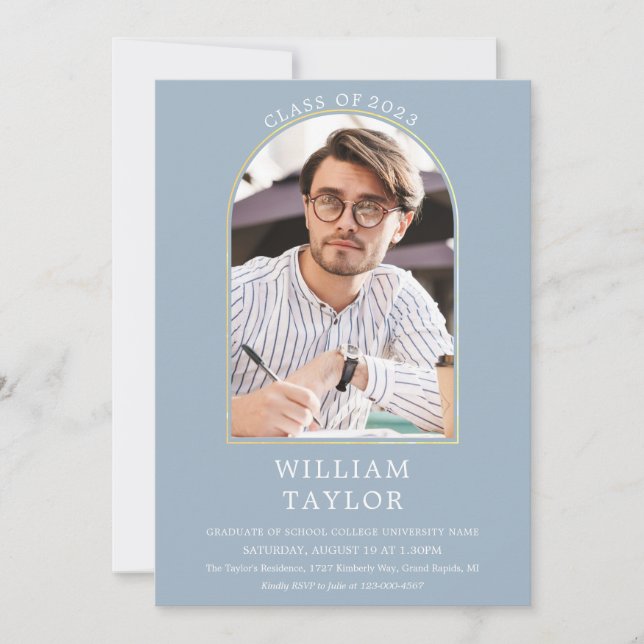 Dammig blå modern guldbåge foto-examensfest inbjudningar (Framsida)