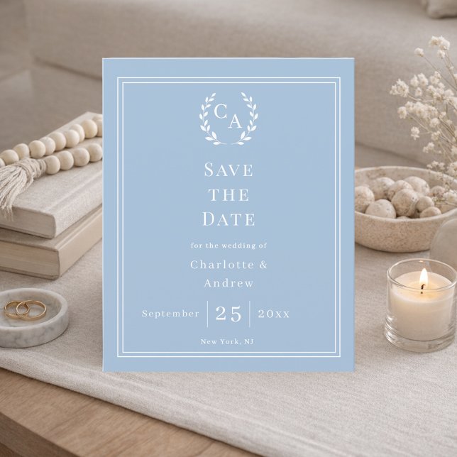 Dammig blå monogram krans vigsel Save the Date  (Skapare uppladdad)