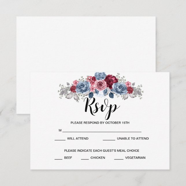 Dammig blå och burgundaröd bröllops-RSVP   OSA Kort (Fram/baksida)