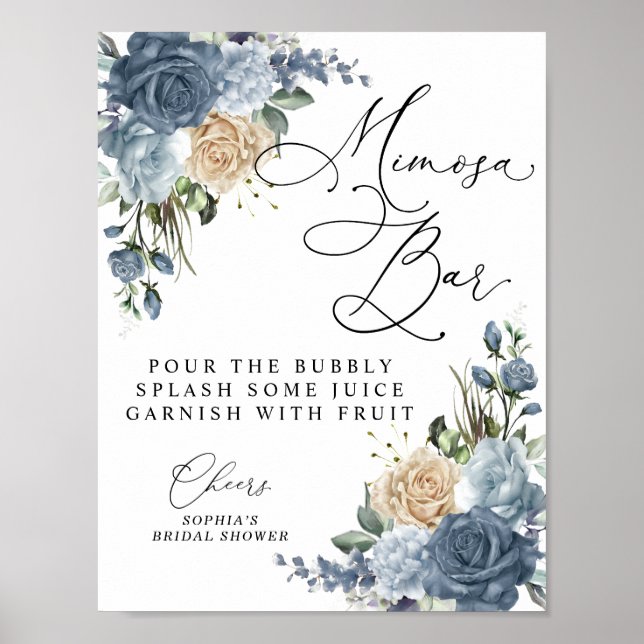 Dammig blå och champagne blomsterlig bröllopsmimos poster (Framsidan)