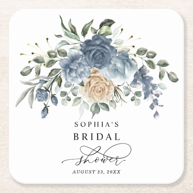 Dammig blå och champagneblommig bröllopsfest underlägg papper kvadrat (Framsidan)