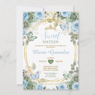 Dammig blå och grön blommande fjäril Sweet Sixteen Inbjudningar