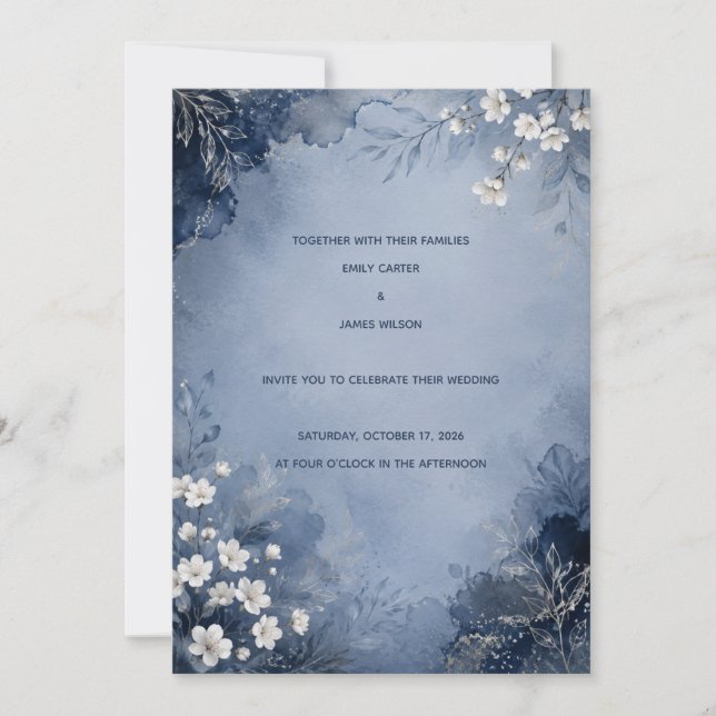 Dammig blå och marinblå blommande bröllopsinbjudan inbjudningar (Framsida)