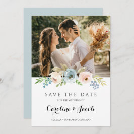 Dammig blå och rosablommig rustik blomsterbröllops spara datumet