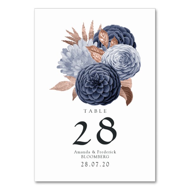 Dammig blå och roséguld blommande bröllop bordsnummer (Framsidan)